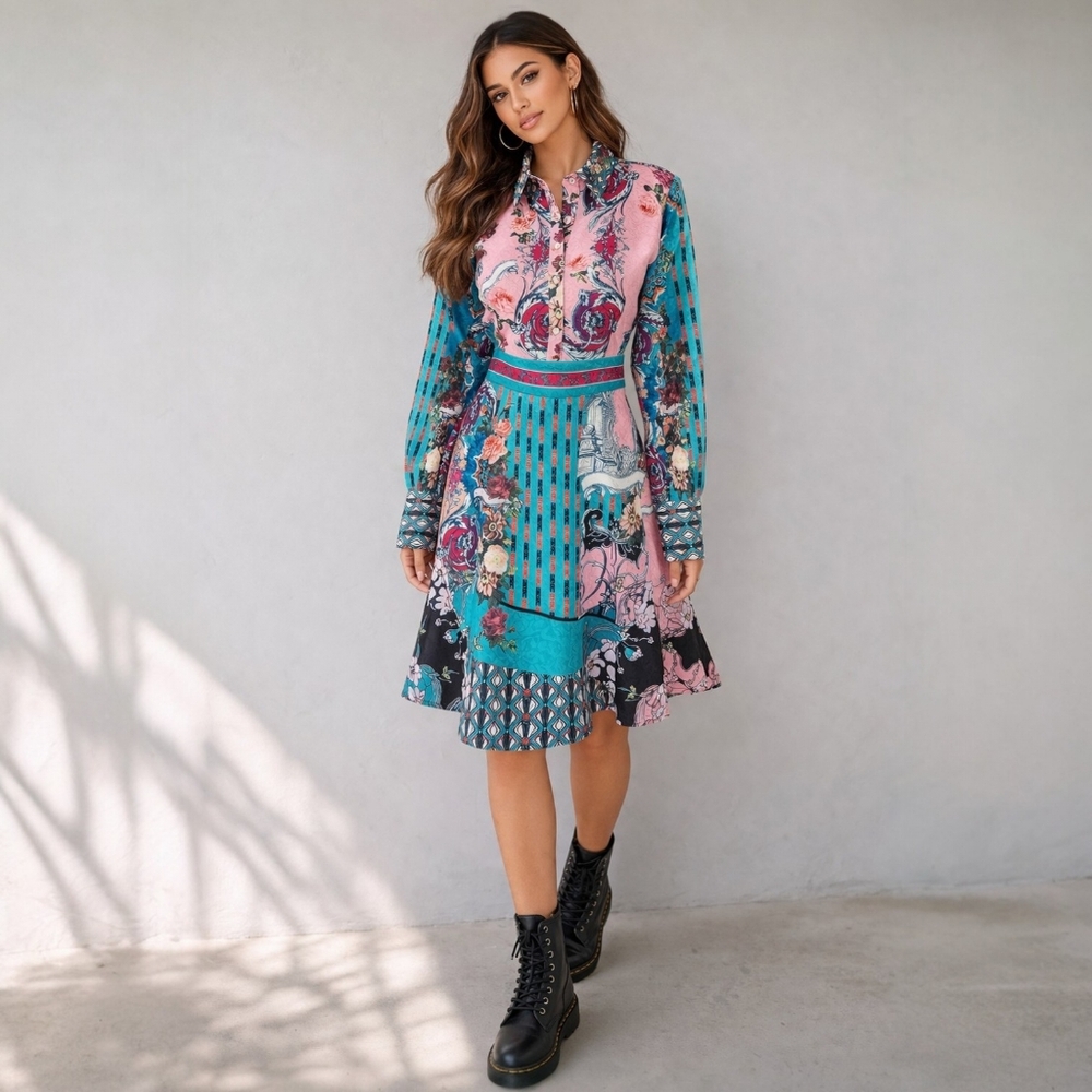 Dalia MacPhee Green Pink Floral Dress Size M Jacquard Bohemian Retro Patchwork - Picture 1 of 10